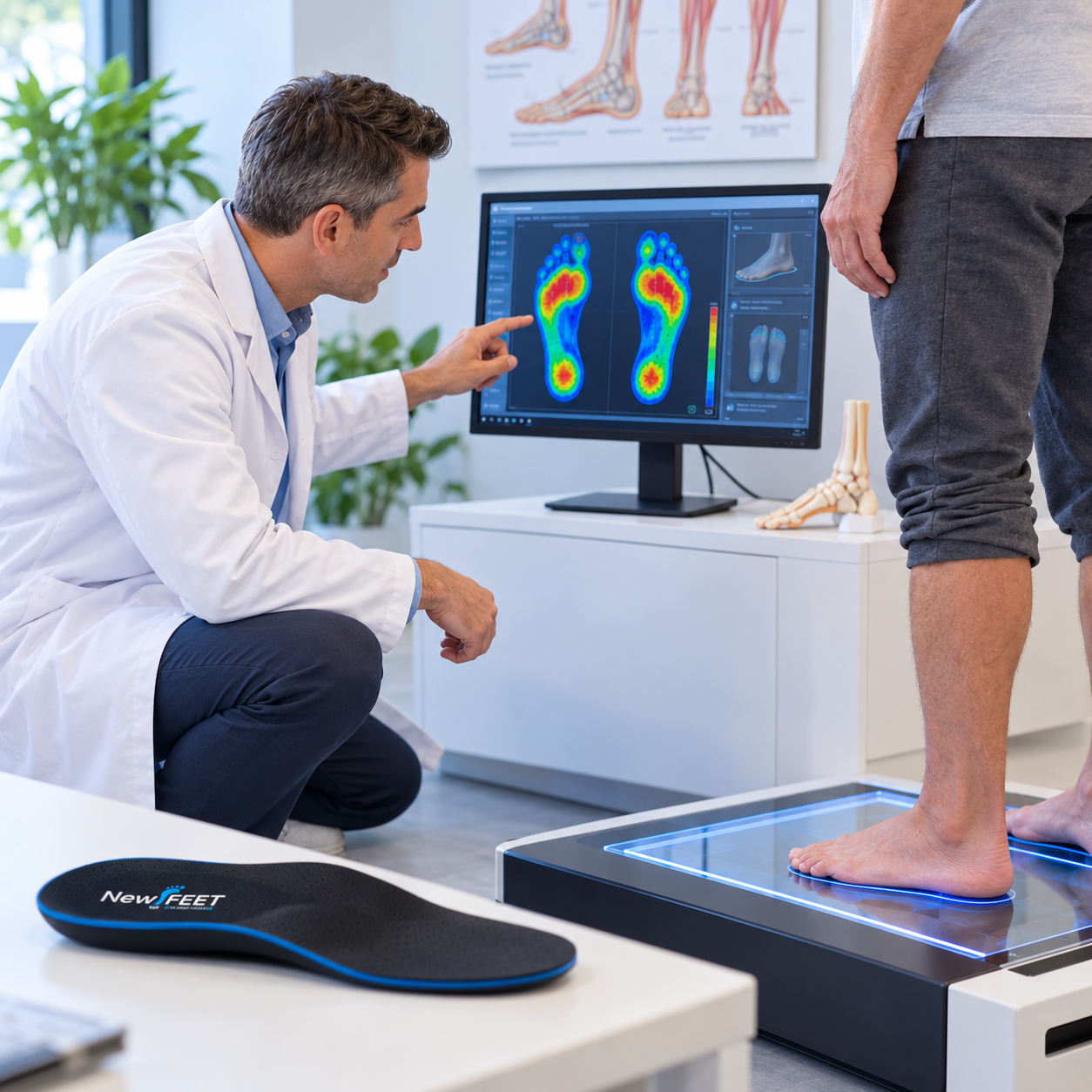 רופא בבית החולים NewFeet מציג סריקת לחצים של כף רגל על גבי מסך, עם מדרס NewFeet בחזית